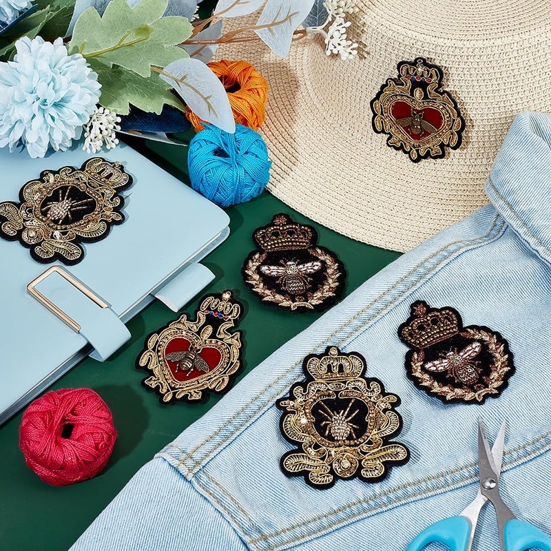 AHANDMAKER 6pcs Crown Bee Badge Embroidered Applique Patch, 3 Style Embroidered Badge Patch Sew On Patches DIY Decorative Applique Patches for Dress Jeans Jackets Handbag Clothing - Image 5